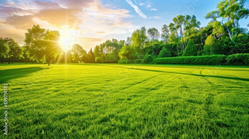 Green Meadow at Sunset With Vibrant Sunlight and Lush Trees in the Background