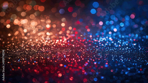 Abstract photo of sparkling bokeh lights in vibrant blue and red hues, creating a festive, magical, and dreamy atmosphere.
