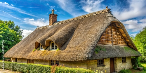 Rustic thatched roof of a chaume house, rustic, thatched roof, chaume, traditional, countryside, architecture, France, European photo