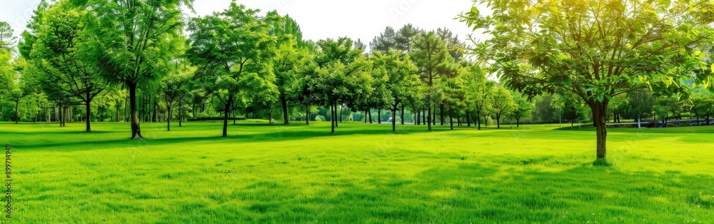 Morning Sunlight Illuminates Green Meadow With Lush Trees Morning Sunlight Illuminates Green Meadow With Lush Trees