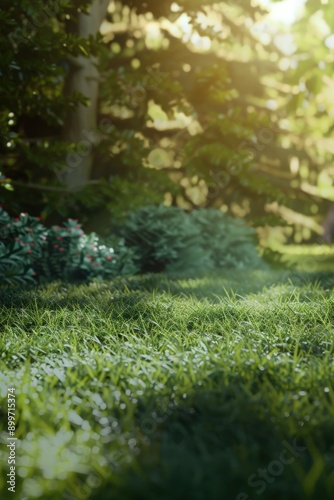 Lush Green Meadow Awash in Morning Light Surrounded by Vibrant Foliage