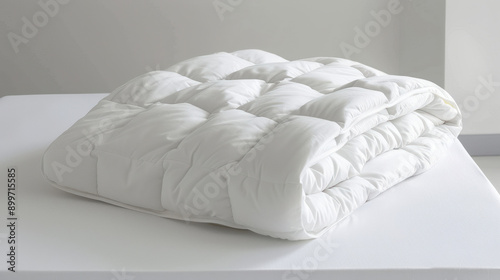 A neatly folded white comforter on a white surface, showcasing its plush texture and clean design, perfect for bedding and interior decor themes.