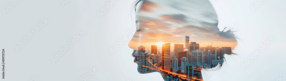 A creative double exposure image combining a woman's profile with a city skyline at sunset, symbolizing inspiration and dreams. A creative double exposure image combining a woman's profile with a city skyline at sunset, symbolizing inspiration and dreams.