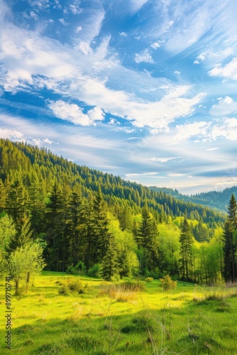 Morning Light Illuminates A Serene Green Meadow Near Lush Forested Hills
