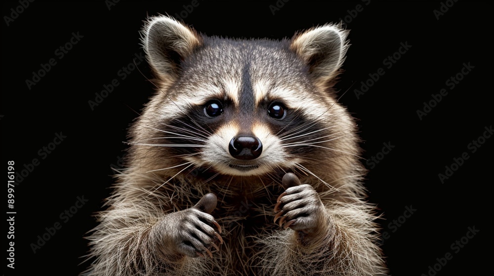 A charming raccoon is captured giving a thumbs up against a black background A charming raccoon is captured giving a thumbs up against a black background