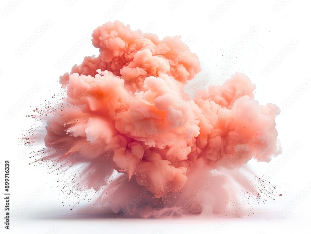 Vibrant Peach Smoke Explosion Bursting on White Background Vibrant Peach Smoke Explosion Bursting on White Background