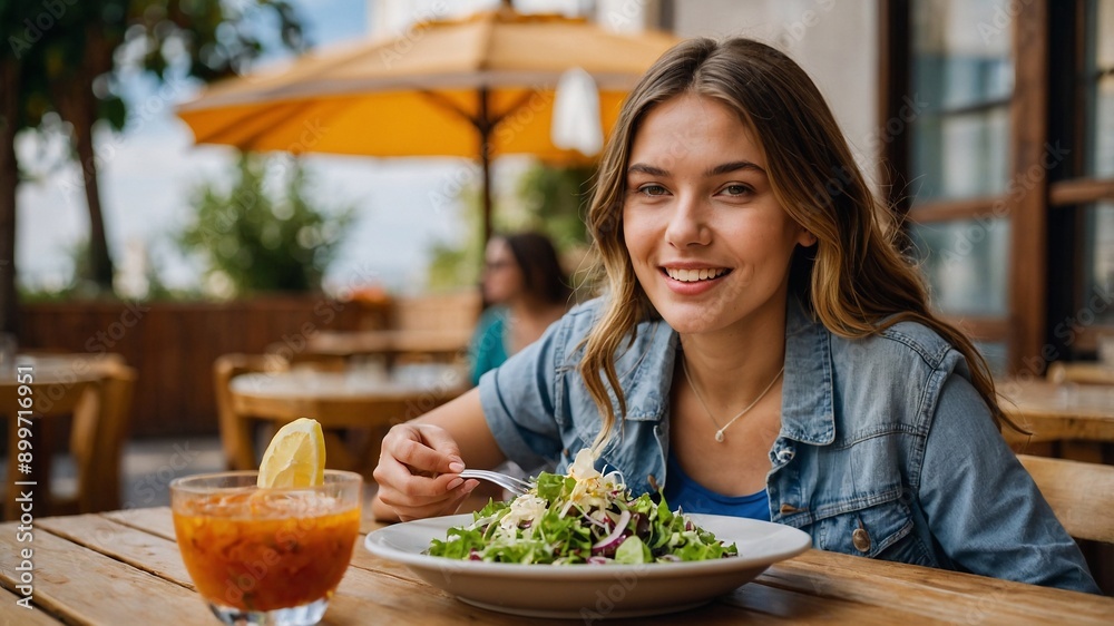 Young woman in cafe eating salad. Vegetarianism. Vegan Young woman in cafe eating salad. Vegetarianism. Vegan
