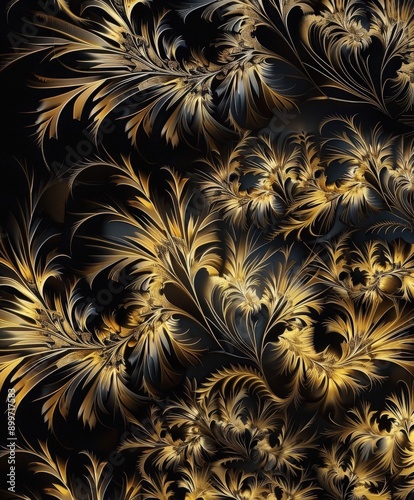 Abstract Gold and Black Fractal Leaves on Dark Background