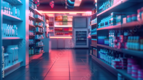 A store aisle with a neon light in the background