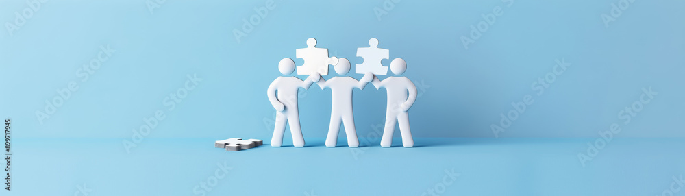 Three paper figures hold puzzle pieces, symbolizing teamwork and collaboration against a blue background.