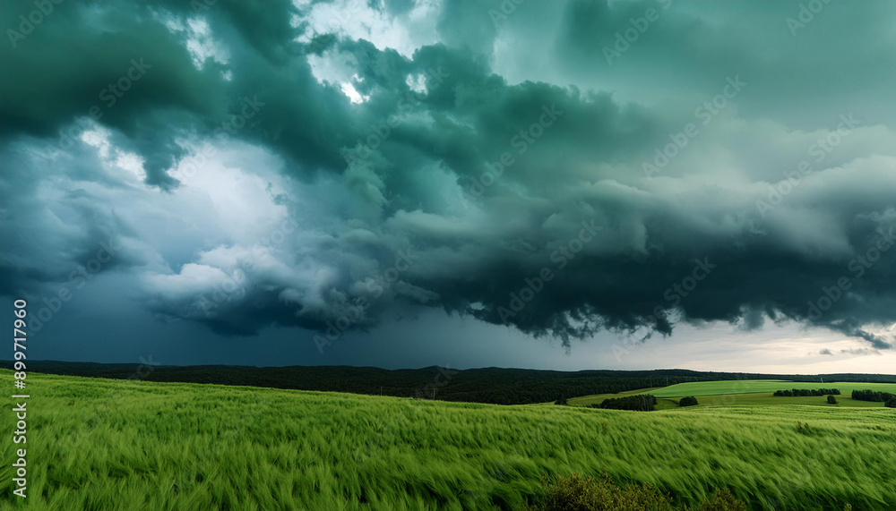 Dramatic storm clouds, thunderclouds over green fields under dark, ominous sky. Nature landscape Dramatic storm clouds, thunderclouds over green fields under dark, ominous sky. Nature landscape