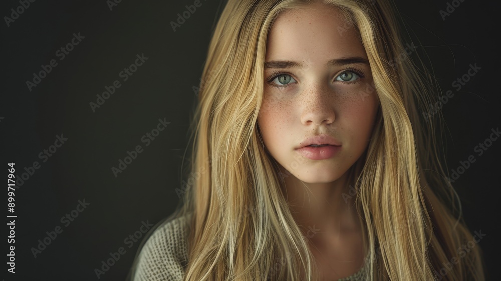 Young Girl With Freckles and Long Hair Posing Against Dark Background Young Girl With Freckles and Long Hair Posing Against Dark Background