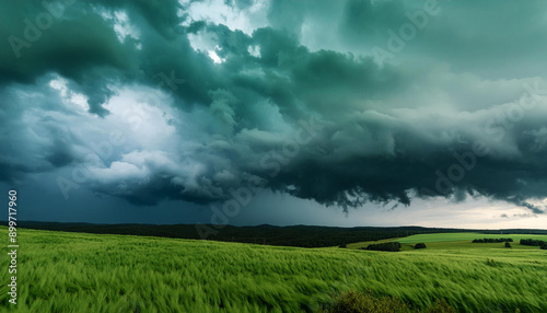 Dramatic storm clouds, thunderclouds over green fields under dark, ominous sky. Nature landscape