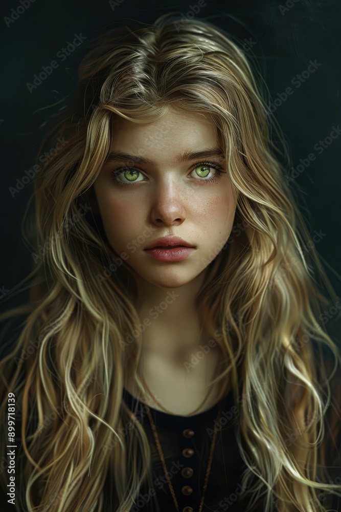 Young Woman With Striking Green Eyes and Long Wavy Hair in Dramatic Lighting Young Woman With Striking Green Eyes and Long Wavy Hair in Dramatic Lighting