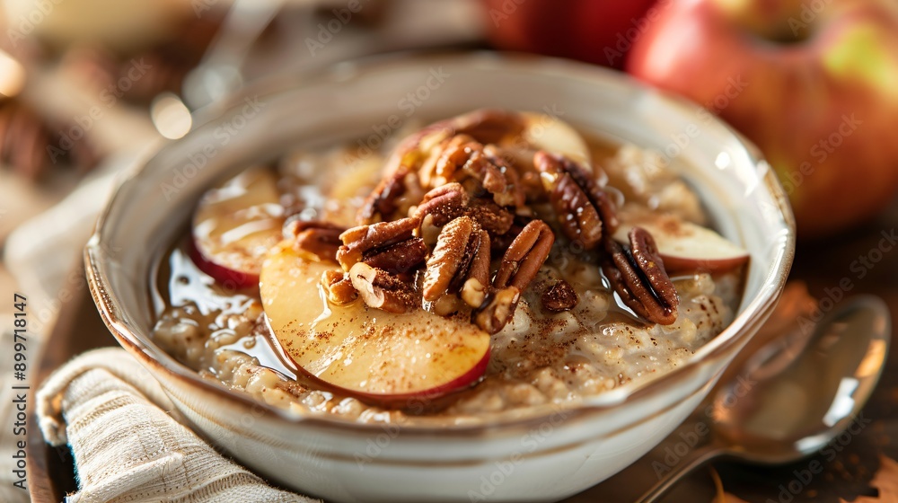 A cozy breakfast scene with a bowl of spiced oatmeal, topped with caramelized apples and pecans A cozy breakfast scene with a bowl of spiced oatmeal, topped with caramelized apples and pecans