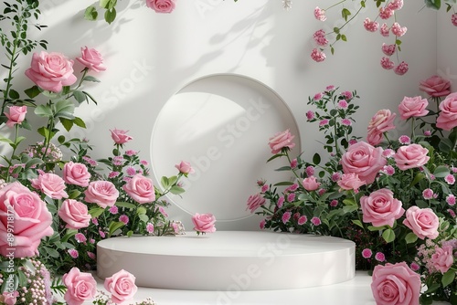 Pink rose podium, 3D spring table, beauty product stand, floral summer nature display, white background, romantic garden, cosmetic valentine gift, Easter field scene