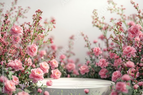 Pink rose podium, 3D spring table, beauty product stand, floral summer nature display, white background, romantic garden, cosmetic valentine gift, Easter field scene