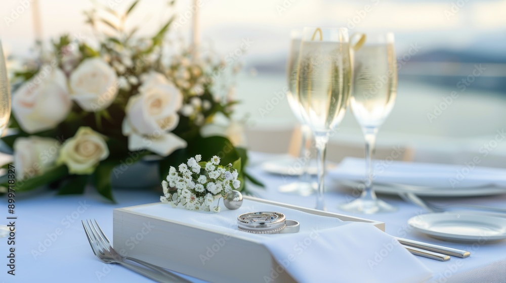 Two champagne glasses sit beside a bouquet of roses and a gift box, creating a romantic atmosphere by the ocean during sunset Two champagne glasses sit beside a bouquet of roses and a gift box, creating a romantic atmosphere by the ocean during sunset
