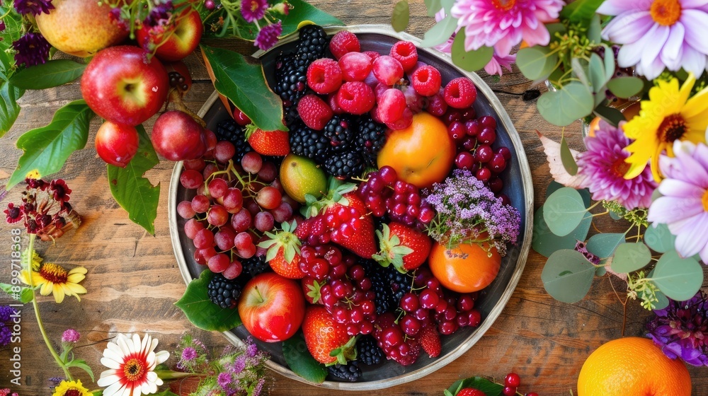 Close-up of a plate full of succulent fruits on a wooden table, surrounded by colorful flowers and neatly arranged fresh berries, creating a vibrant, refreshing scene. Close-up of a plate full of succulent fruits on a wooden table, surrounded by colorful flowers and neatly arranged fresh berries, creating a vibrant, refreshing scene.