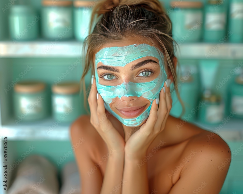 Radiant Young Woman Applying Face Mask in Spa Healthy Skin Room with Content Smile Radiant Young Woman Applying Face Mask in Spa Healthy Skin Room with Content Smile