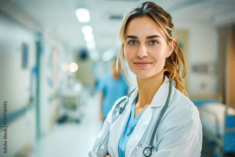 Smiling female doctor in a hospital corridor, wearing a stethoscope and medical uniform, exuding confidence and professionalism. Smiling female doctor in a hospital corridor, wearing a stethoscope and medical uniform, exuding confidence and professionalism.