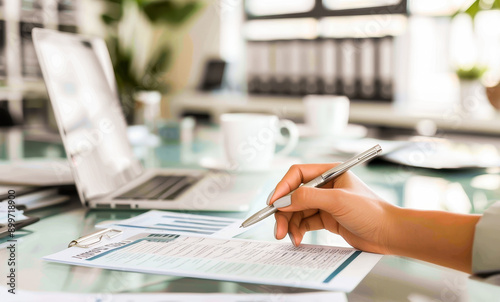 A professional working at a desk in an office setting, reviewing and analyzing a business document. photo