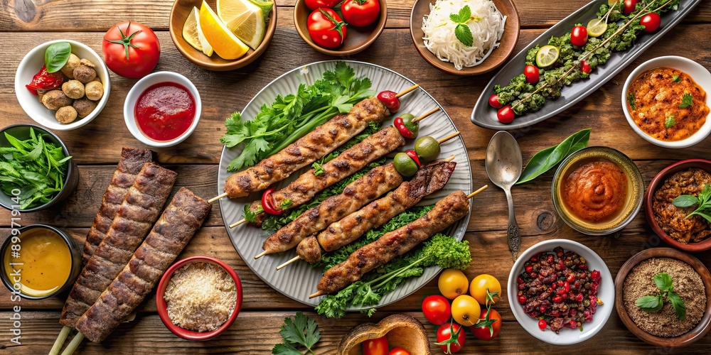 Traditional Turkish kebab dishes on a table top view , Turkish, meal, kebab, Ali nazik, Adana kebap, Urfa kebap Traditional Turkish kebab dishes on a table top view , Turkish, meal, kebab, Ali nazik, Adana kebap, Urfa kebap