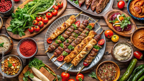 Traditional Turkish kebab dishes spread out on a table top view , Turkish, kebab, Ali nazik, adana kebap photo