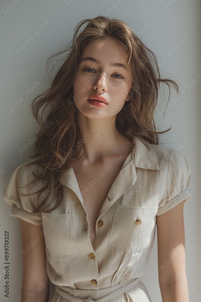 beautiful young woman wearing knee length short sleeve dress with contrast button detail and waist belt, plain white background, fashion photography. beautiful young woman wearing knee length short sleeve dress with contrast button detail and waist belt, plain white background, fashion photography.