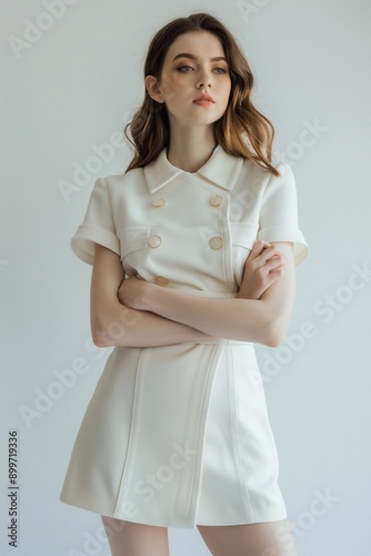 beautiful young woman wearing knee length short sleeve dress with contrast button detail and waist belt, plain white background, fashion photography.