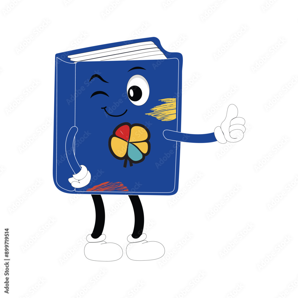Fototapeta premium Cute cartoon book set character with different emotions and in action. Collection of cartoon,retro, groovy characters. Vector flat icons set isolated on white background.