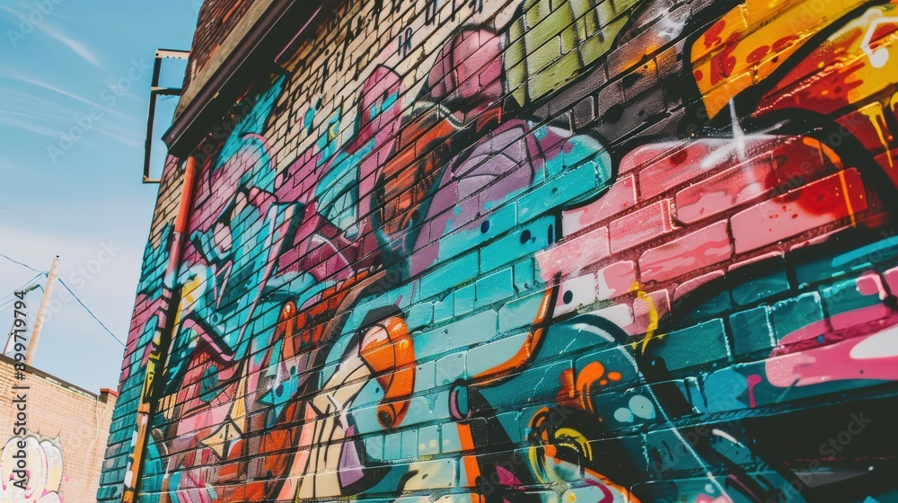 Obraz premium Vibrant Colorful Graffiti Decorates Urban Brick Wall in Bright Afternoon Light