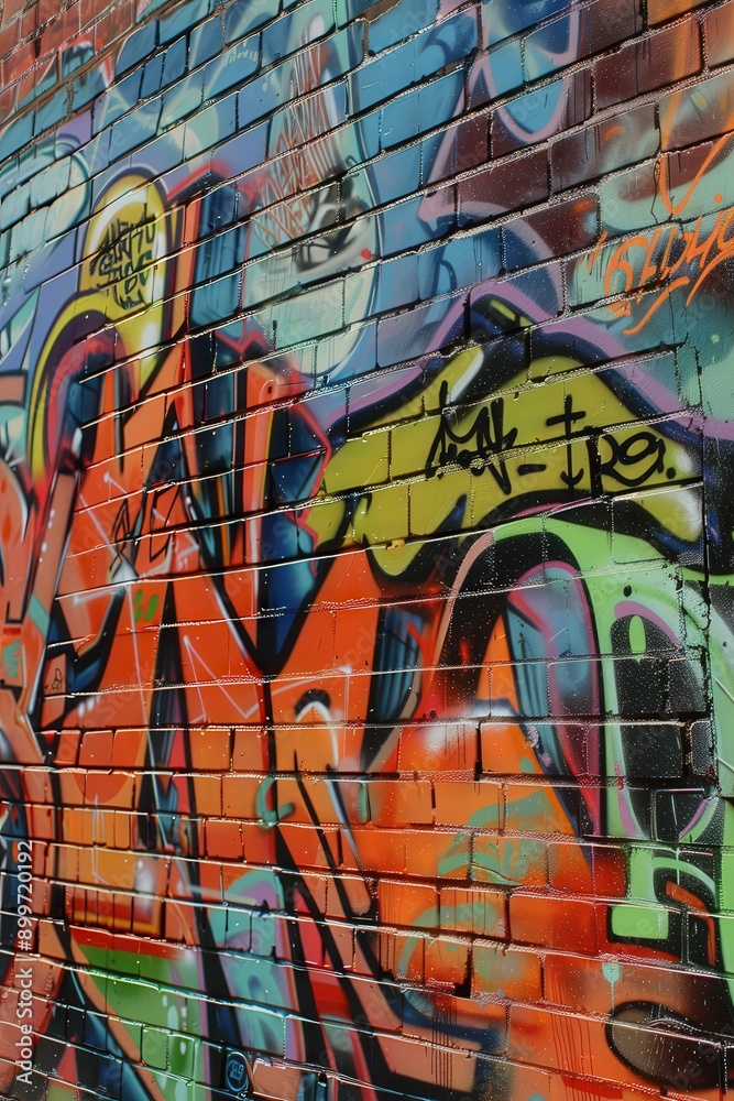 Vibrant Graffiti Mural on Brick Wall in Urban Alleyway During Daylight