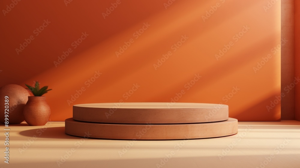 Minimalist Wooden Podium Against Orange Wall