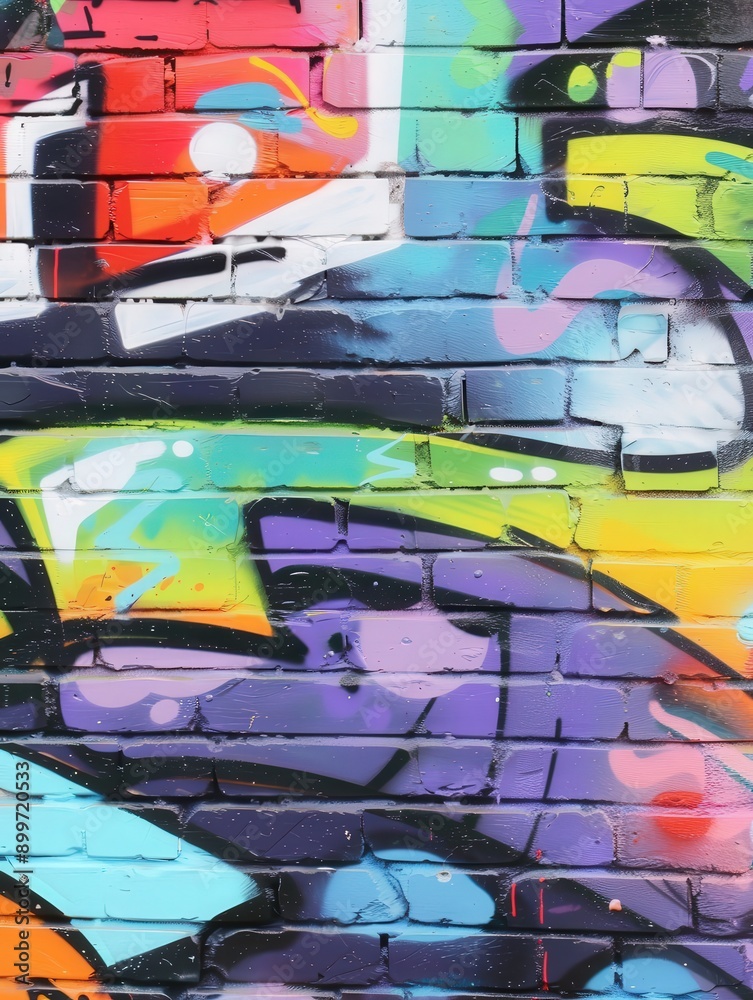 Obraz premium Vibrant Graffiti Murals on Urban Brick Wall in Colorful Street Art Display