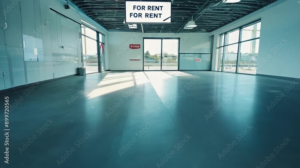 A spacious, empty commercial space with large windows and polished concrete floors is available for rent.