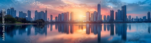 Serene Sunrise Cityscape Reflected in Calm Lake