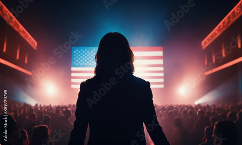 A female leader stands confidently on stage, facing a large audience. The backdrop features American flag, illuminated by dramatic lighting, emphasizing her influential presence during USA election photo