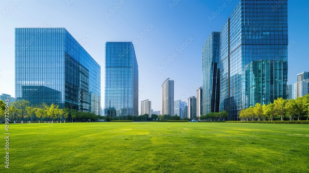 Tall company buildings aligned in the middle under a clear blue sky, with a front view of short green grass, devoid of any people. Tall company buildings aligned in the middle under a clear blue sky, with a front view of short green grass, devoid of any people.