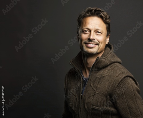 Man Smiling Warmly in Casual Sweater Against Dark Background