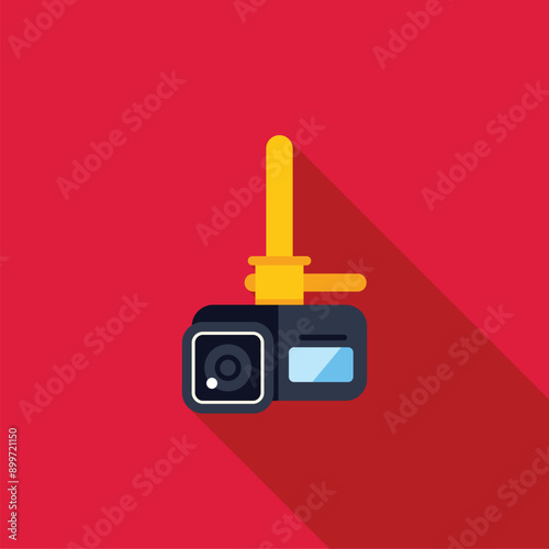 Action camera filming using monopod, flat design icon with long shadow on red background