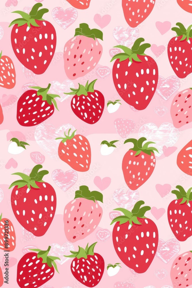 Cute Pink Strawberry Pattern With Hearts and Fresh Produce Aesthetic Cute Pink Strawberry Pattern With Hearts and Fresh Produce Aesthetic