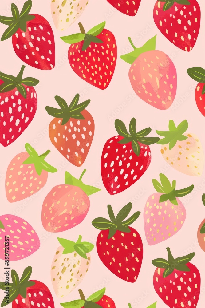 Pink Strawberry Pattern With Various Designs on a Light Background Pink Strawberry Pattern With Various Designs on a Light Background