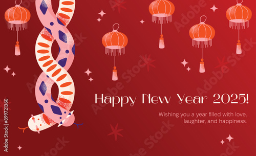 Snakes poster. Chinese 2025 New Year symbol, happy animal character mascot. Lunar new year concept. Chinese zodiac snake in geometric flat modern style vector illustration background