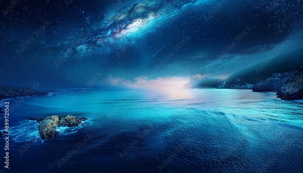 Fototapeta premium 宝石のような美しい青い海、幻想的な夜空、とても綺麗 Generated by