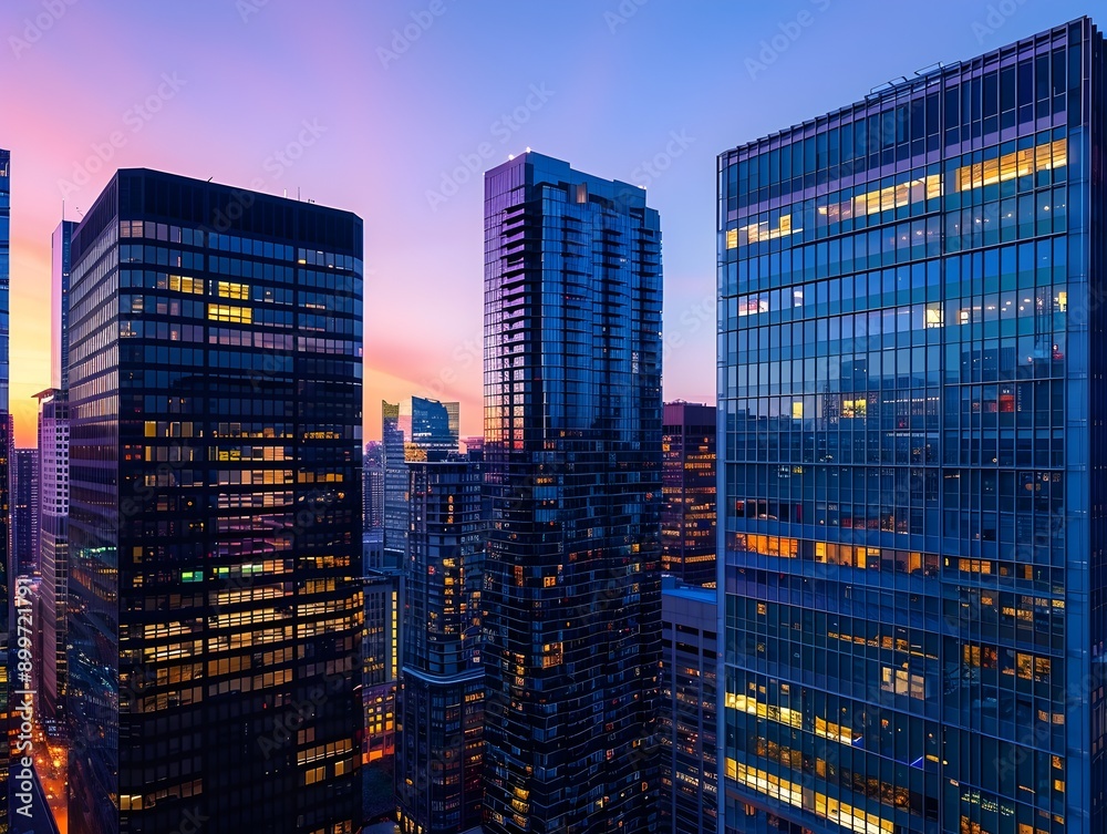 Vibrant City Skyline at Dusk with Illuminated Skyscrapers and Fading Evening Light Vibrant City Skyline at Dusk with Illuminated Skyscrapers and Fading Evening Light