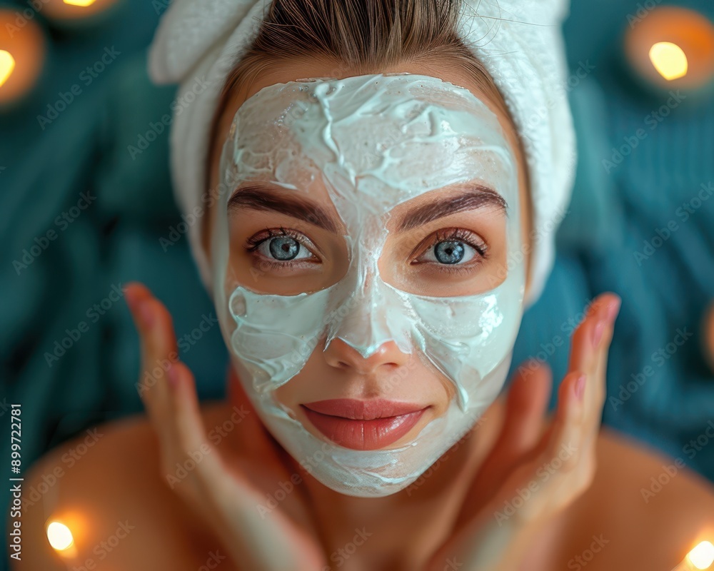 Radiant Beauty - Woman Applying Face Mask in Relaxing Spa Environment for Healthy Skin Treatment Radiant Beauty - Woman Applying Face Mask in Relaxing Spa Environment for Healthy Skin Treatment
