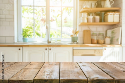 Empty Wooden Tabletop for Product Display in Bright Kitchen Setting