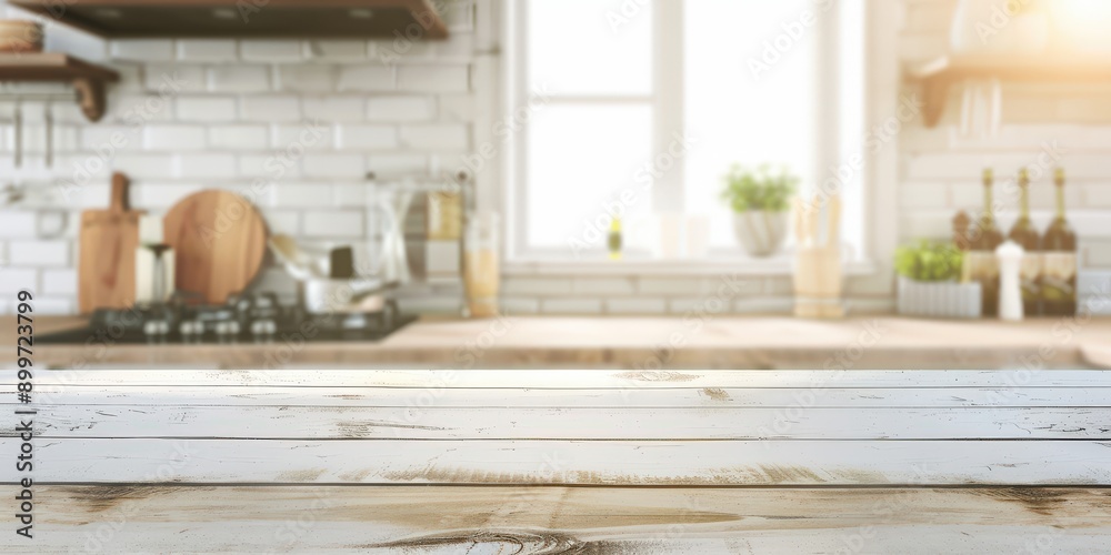 Empty Wooden Table Top in Bright Kitchen for Product Display Empty Wooden Table Top in Bright Kitchen for Product Display