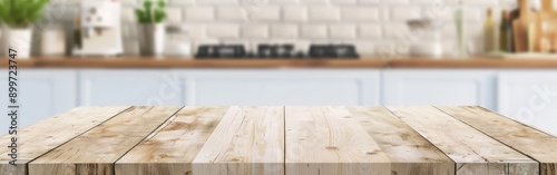 Empty Wooden Table Top With Blurred Kitchen Background for Display